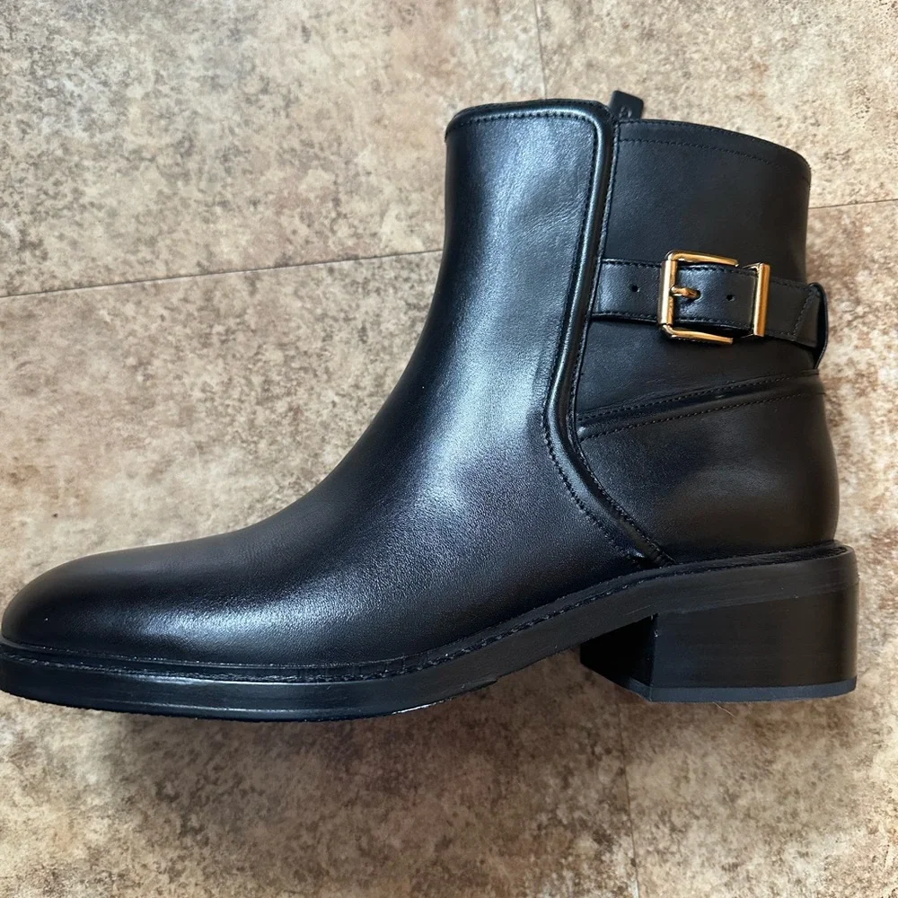 Black Leather Ankle Boot with Gold Buckle - Women's